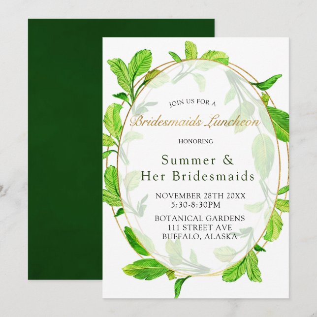 Greenery and Gold Foil Frame Bridesmaids Luncheon Invitation (Front/Back)