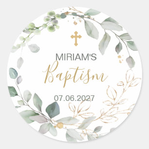Greenery and gold foliage Baptism Classic Round Sticker