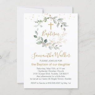 Greenery and gold foliage Baptism Invitation