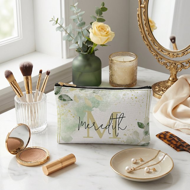 Greenery and gold frame personalised accessory pouch (Creator Uploaded)