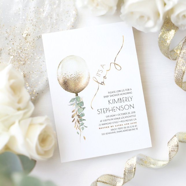 Greenery and Gold Glitter Balloon Baby Shower Invitation (Boy Baby Shower Invitations with Greenery)