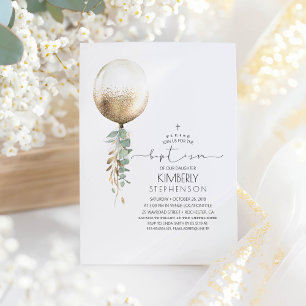 Greenery and Gold Glitter Balloon Elegant Baptism Invitation