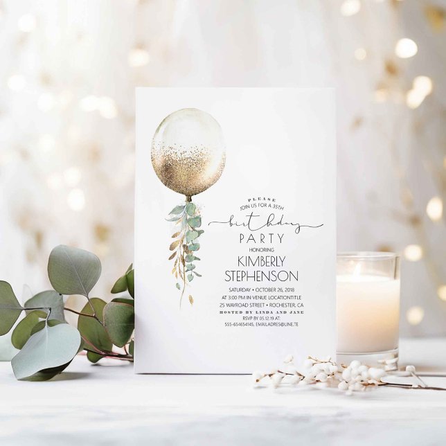 Greenery and Gold Glitter Balloon Elegant Birthday Invitation (Greenery Balloon Birthday Invitations)