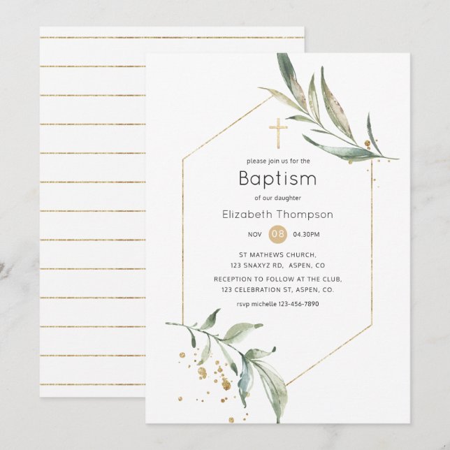 Greenery and Gold Glitter Geometric Baptism Invitation (Front/Back)