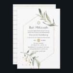 Greenery and Gold Glitter Geometric Bat Mitzvah Invitation<br><div class="desc">Watercolor floral greenery bat mitzvah invitation in pastel shades with gold geometric frame customisable to your event specifics.</div>