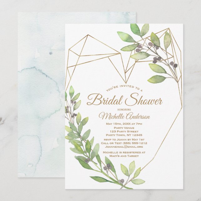Greenery and Gold Heart Bridal Shower Invitation (Front/Back)