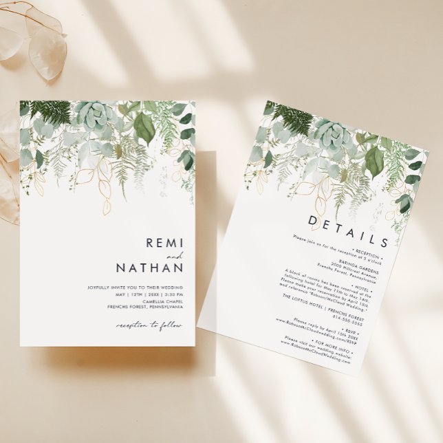 Greenery and Gold Leaf All In One Wedding Invitation (Creator Uploaded)