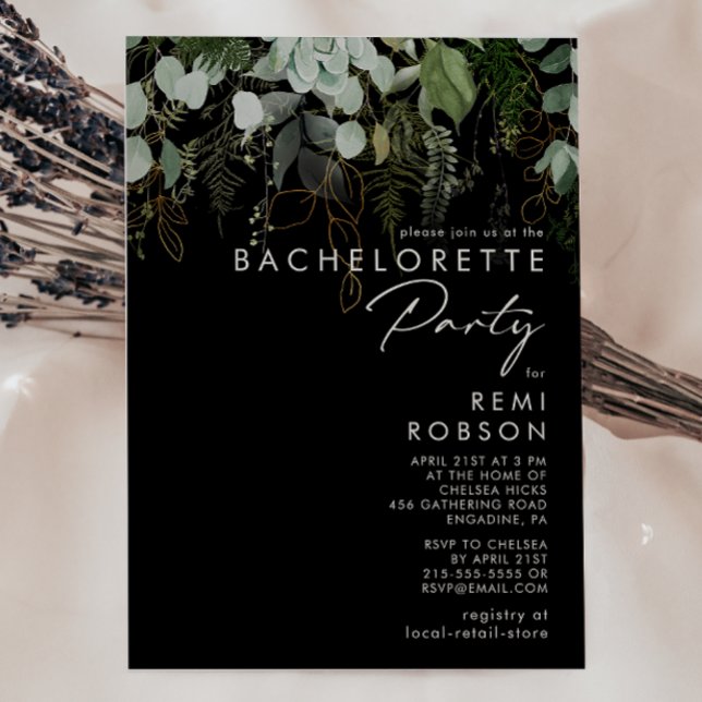 Greenery and Gold Leaf Black | Bachelorette Party Invitation (Creator Uploaded)