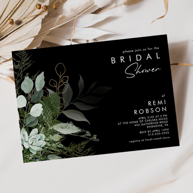 Greenery and Gold Leaf Black | Bridal Shower Invitation (Creator Uploaded)