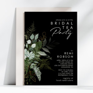 Greenery and Gold Leaf   Black Bridal Tea Party Invitation