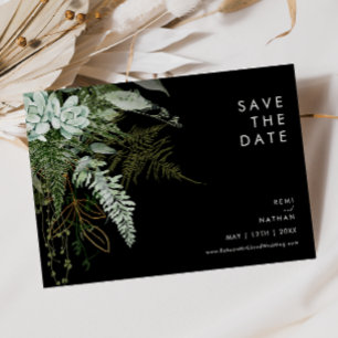 Greenery and Gold Leaf   Black Horizontal Save The Date