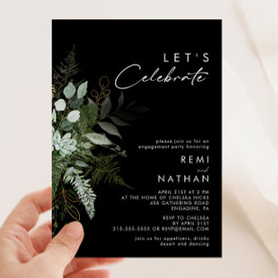 Greenery and Gold Leaf Black Let's Celebrate Invitation