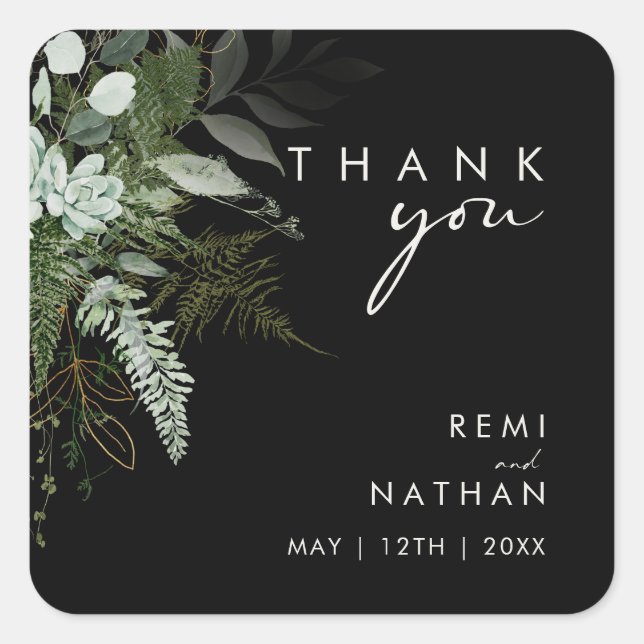 Greenery and Gold Leaf | Black Thank You Sticker (Front)