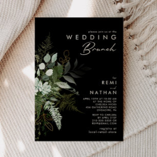 Greenery and Gold Leaf   Black Wedding Brunch Invitation