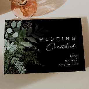 Greenery and Gold Leaf   Black Wedding Guest Book
