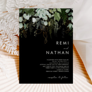 Greenery and Gold Leaf   Black Wedding Invitation