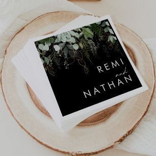 Greenery and Gold Leaf Black Wedding Napkin