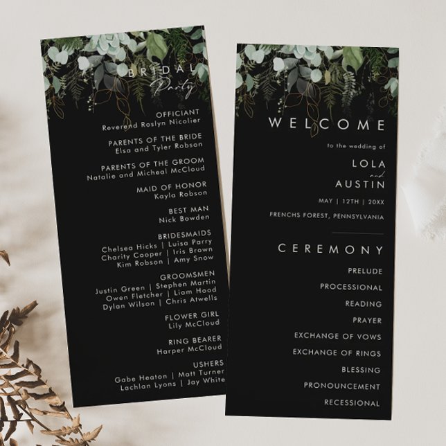 Greenery and Gold Leaf | Black Wedding Program Programme (Creator Uploaded)