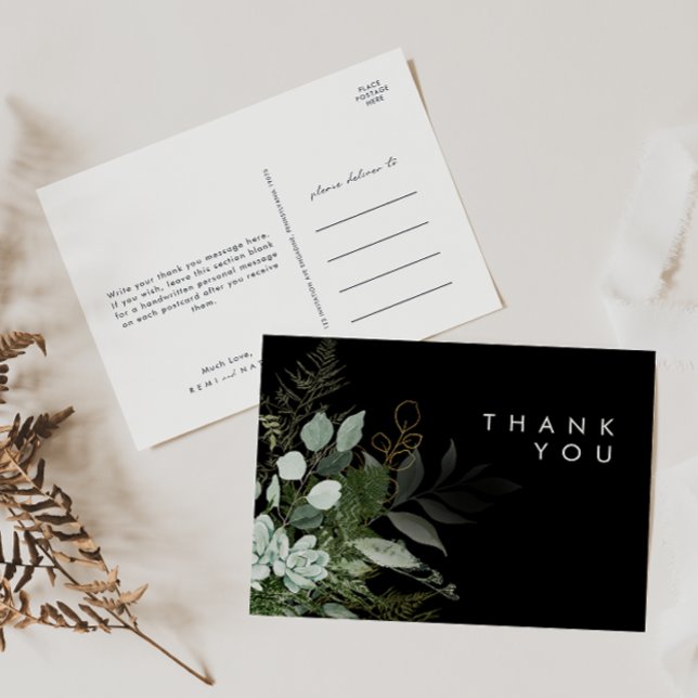 Greenery and Gold Leaf Black Wedding Thank You Postcard (Creator Uploaded)