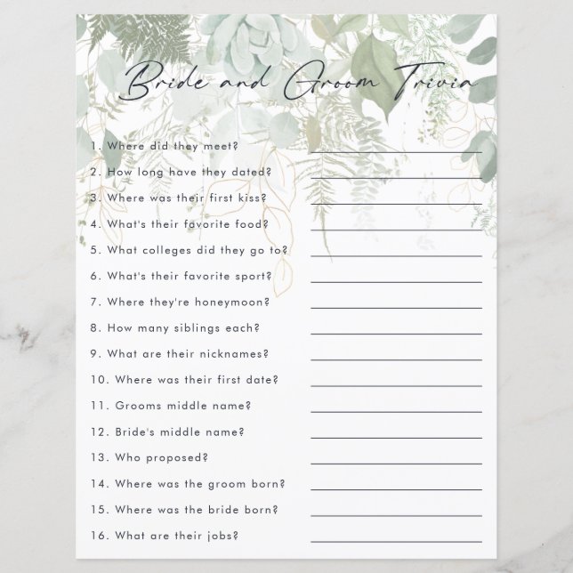Greenery and Gold Leaf Bride and Groom Trivia Game (Front)