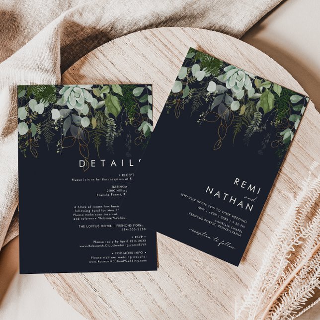 Greenery and Gold Leaf | Dark Navy All In One Invitation (Creator Uploaded)