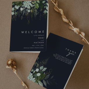 Greenery and Gold Leaf   Dark Navy Folded Wedding Programme