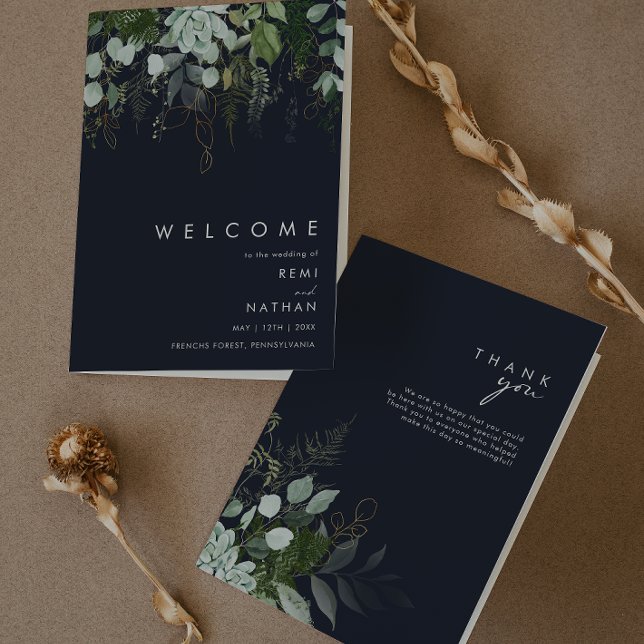 Greenery and Gold Leaf | Dark Navy Folded Wedding Programme (Creator Uploaded)
