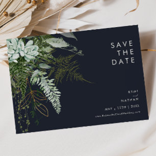 Greenery and Gold Leaf   Dark Navy Horizontal  Save The Date