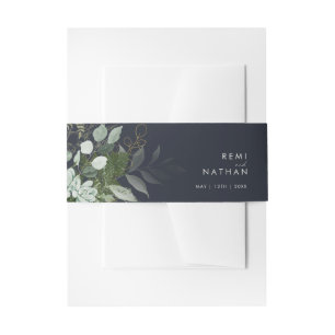 Greenery and Gold Leaf Dark Navy Invitation Belly Band