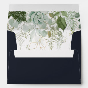 Greenery and Gold Leaf   Dark Navy Invitation Envelope