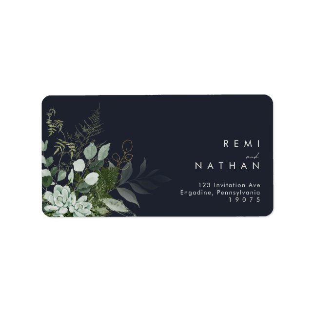 Greenery and Gold Leaf | Dark Navy RSVP Address Label (Front)