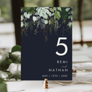 Greenery and Gold Leaf   Dark Navy Table Number