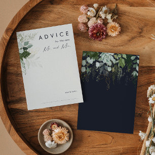Greenery and Gold Leaf Dark Navy Wedding Advice Card