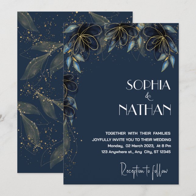 Greenery and Gold Leaf | Dark Navy Wedding Invitation (Front/Back)