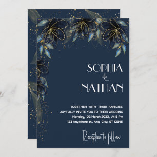 Greenery and Gold Leaf Dark Navy Wedding Invitation