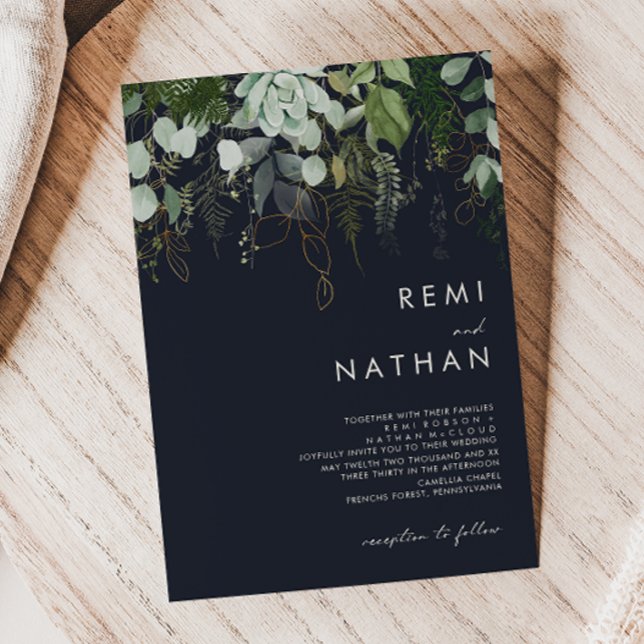 Greenery and Gold Leaf | Dark Navy Wedding Invitation (Creator Uploaded)
