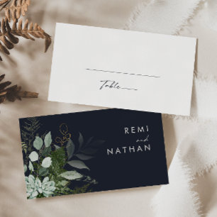 Greenery and Gold Leaf   Dark Navy Wedding Place Card