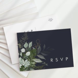 Greenery and Gold Leaf Dark Navy Wedding RSVP Postcard