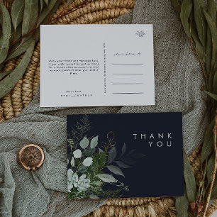 Greenery and Gold Leaf Dark Navy Wedding Thank You Postcard