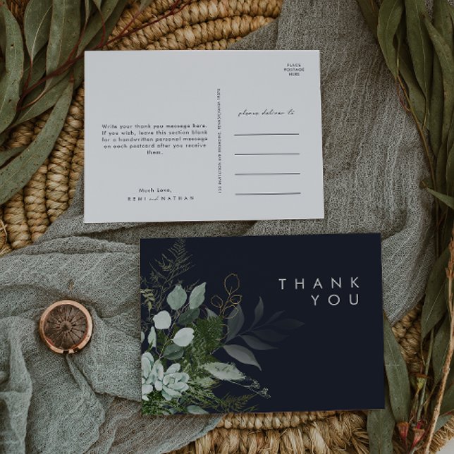 Greenery and Gold Leaf Dark Navy Wedding Thank You Postcard (Creator Uploaded)