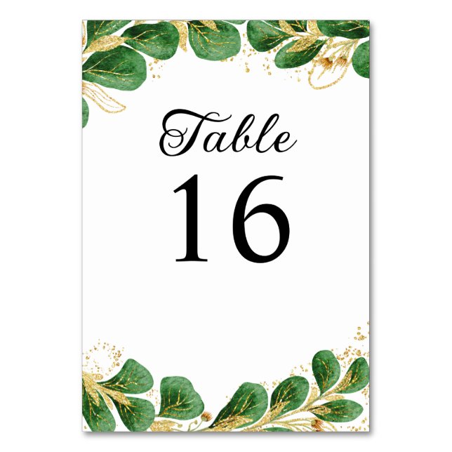 Greenery and Gold Leaf Eucalyptus Wedding Table Number (Front)