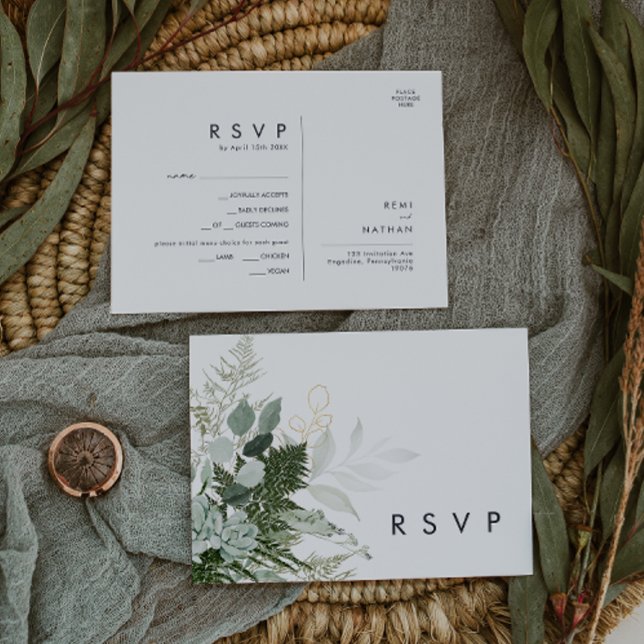 Greenery and Gold Leaf Menu Choice RSVP Card (Creator Uploaded)