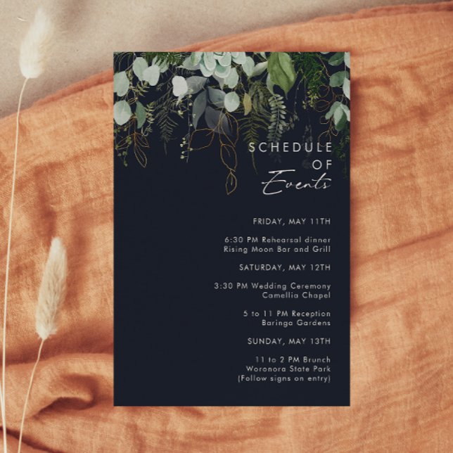 Greenery and Gold Leaf | Navy Schedule of Events Enclosure Card (Creator Uploaded)