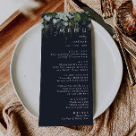 Greenery and Gold Leaf | Navy Wedding Dinner Menu<br><div class="desc">We designed this greenery and gold leaf | navy wedding dinner menu to complete your simple yet elegant boho wedding. It features modern green and white eucalyptus leaf, fern foliage, a succulent flower, and minimal gold foil leaves. These elements give the feel of a whimsical watercolor enchanted forest, perfect for...</div>