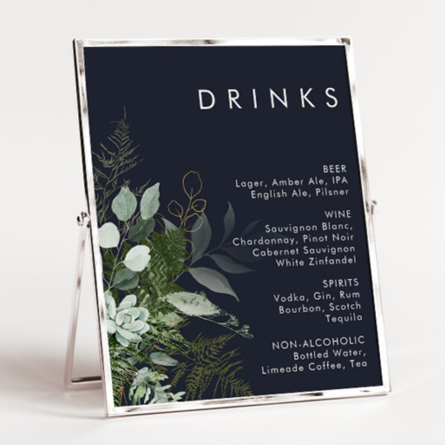 Greenery and Gold Leaf | Navy Wedding Drinks Menu Poster (Creator Uploaded)
