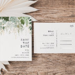 Greenery and Gold Leaf Save The Date Postcard<br><div class="desc">We designed this greenery and gold leaf save the date postcard to complete your simple yet elegant boho wedding. It features modern green and white eucalyptus leaf, fern foliage, a succulent flower, and minimal gold foil leaves. These elements give the feel of a whimsical watercolor enchanted forest, perfect for any...</div>