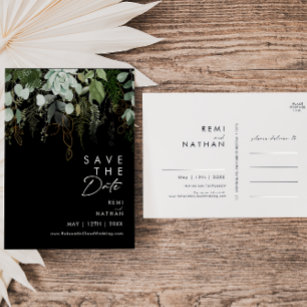 Greenery and Gold leaf Script Black Save The Date  Invitation Postcard