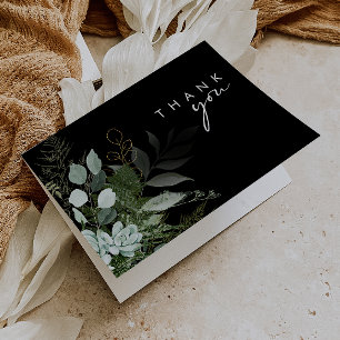 Greenery and Gold Leaf Script   Black Thank You Card