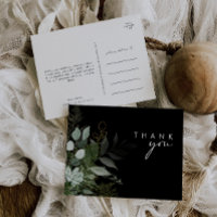 Greenery and Gold Leaf Script Black Thank You
