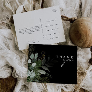 Greenery and Gold Leaf Script Black Thank You Postcard